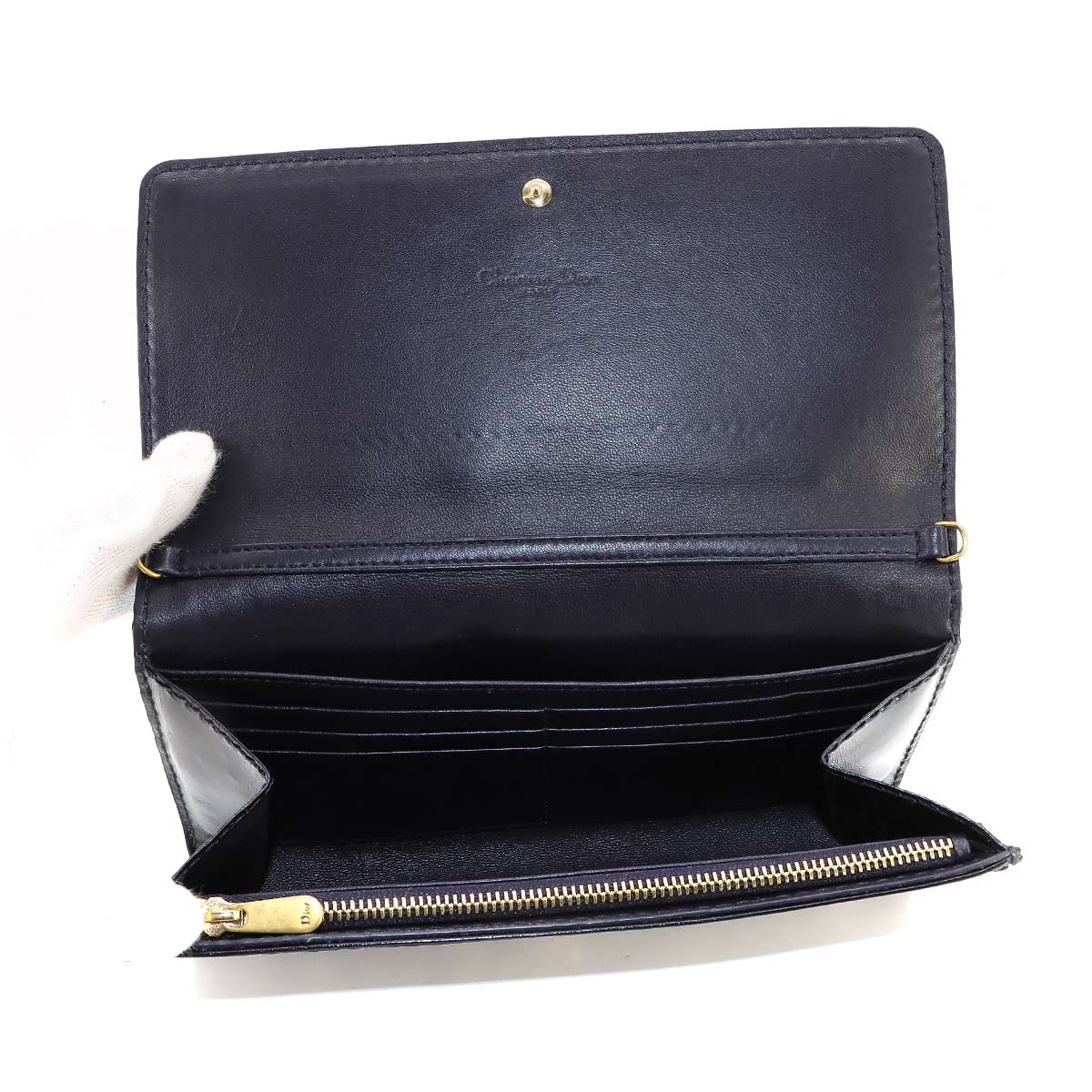 Oblique Chain Wallet Canvas Leather Navy Purse