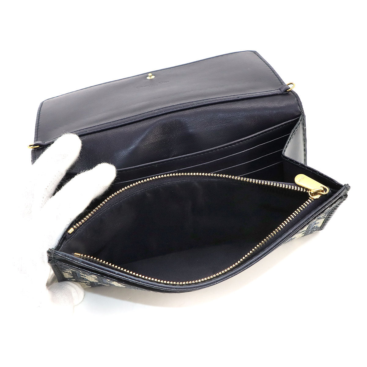 Oblique Chain Wallet Canvas Leather Navy Purse