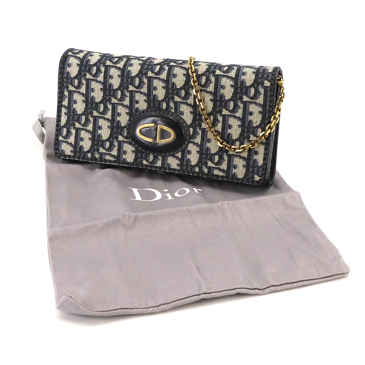 Oblique Chain Wallet Canvas Leather Navy Purse