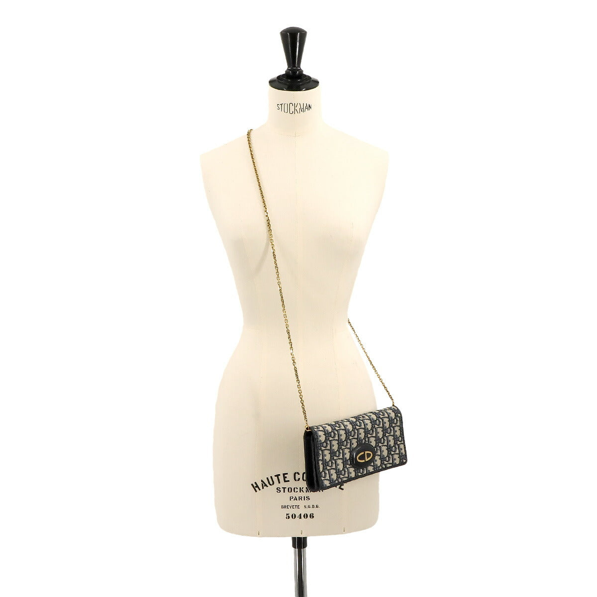 Oblique Chain Wallet Canvas Leather Navy Purse