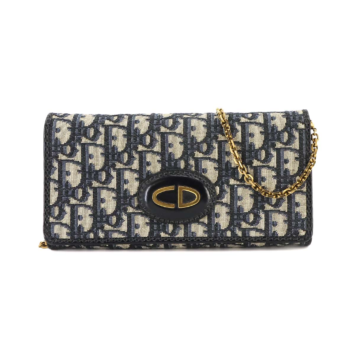 Oblique Chain Wallet Canvas Leather Navy Purse