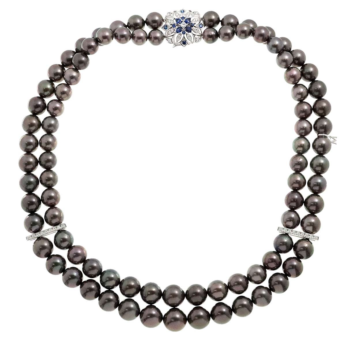 Black Pearl 12.1-8.9mm Sapphire Diamond Necklace 18K WG 750