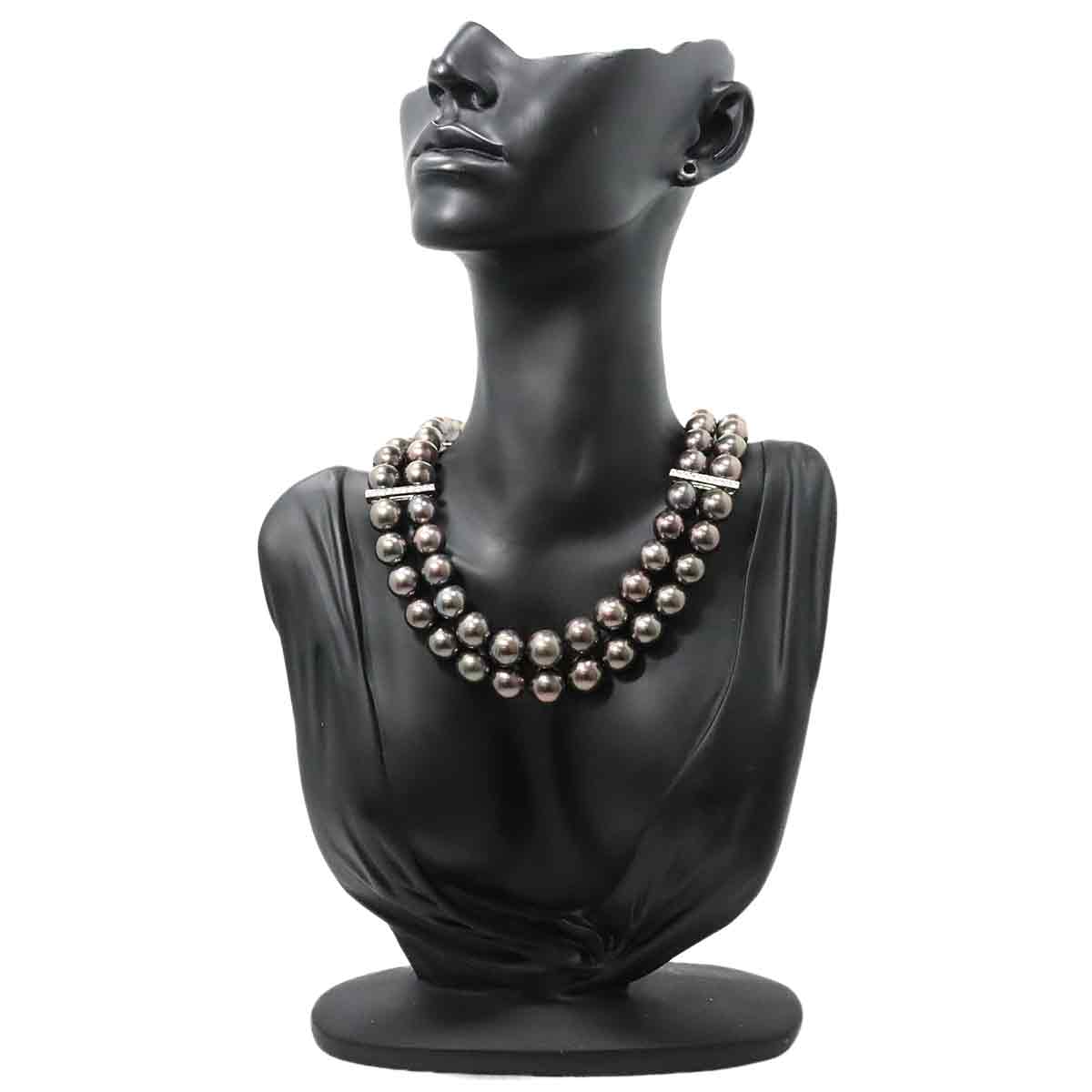 Black Pearl 12.1-8.9mm Sapphire Diamond Necklace 18K WG 750