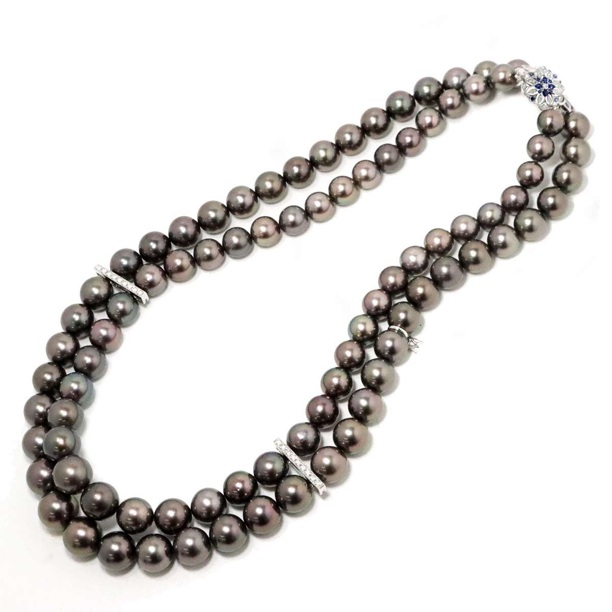 Black Pearl 12.1-8.9mm Sapphire Diamond Necklace 18K WG 750