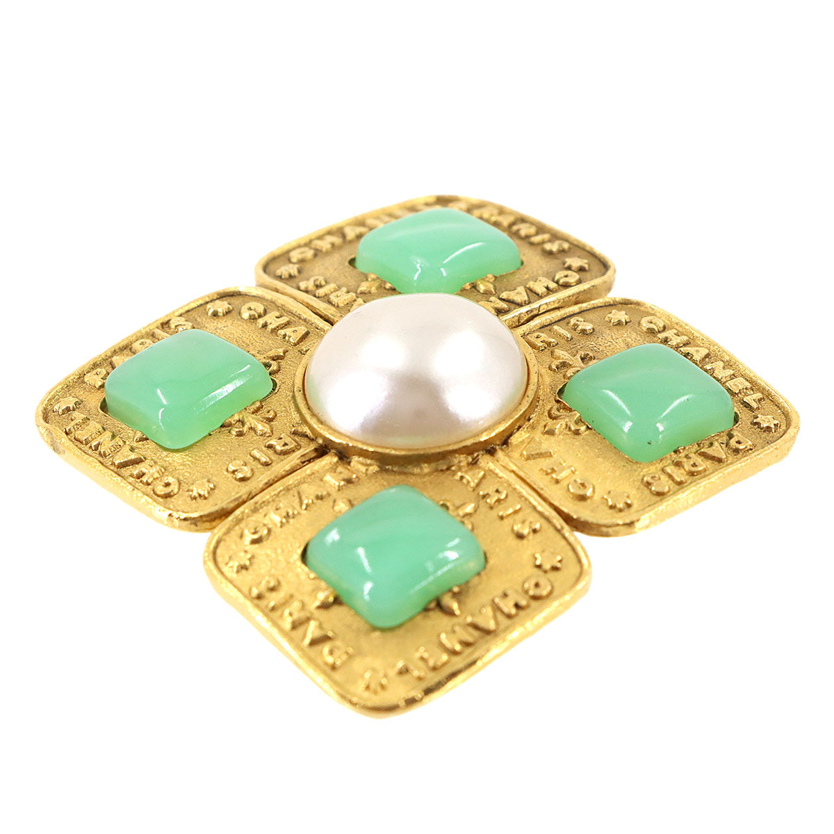 Color Stone Pearl motif Brooch Gold Green 28