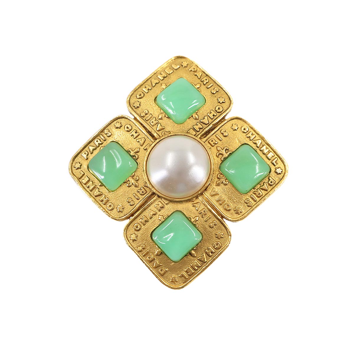 Color Stone Pearl motif Brooch Gold Green 28