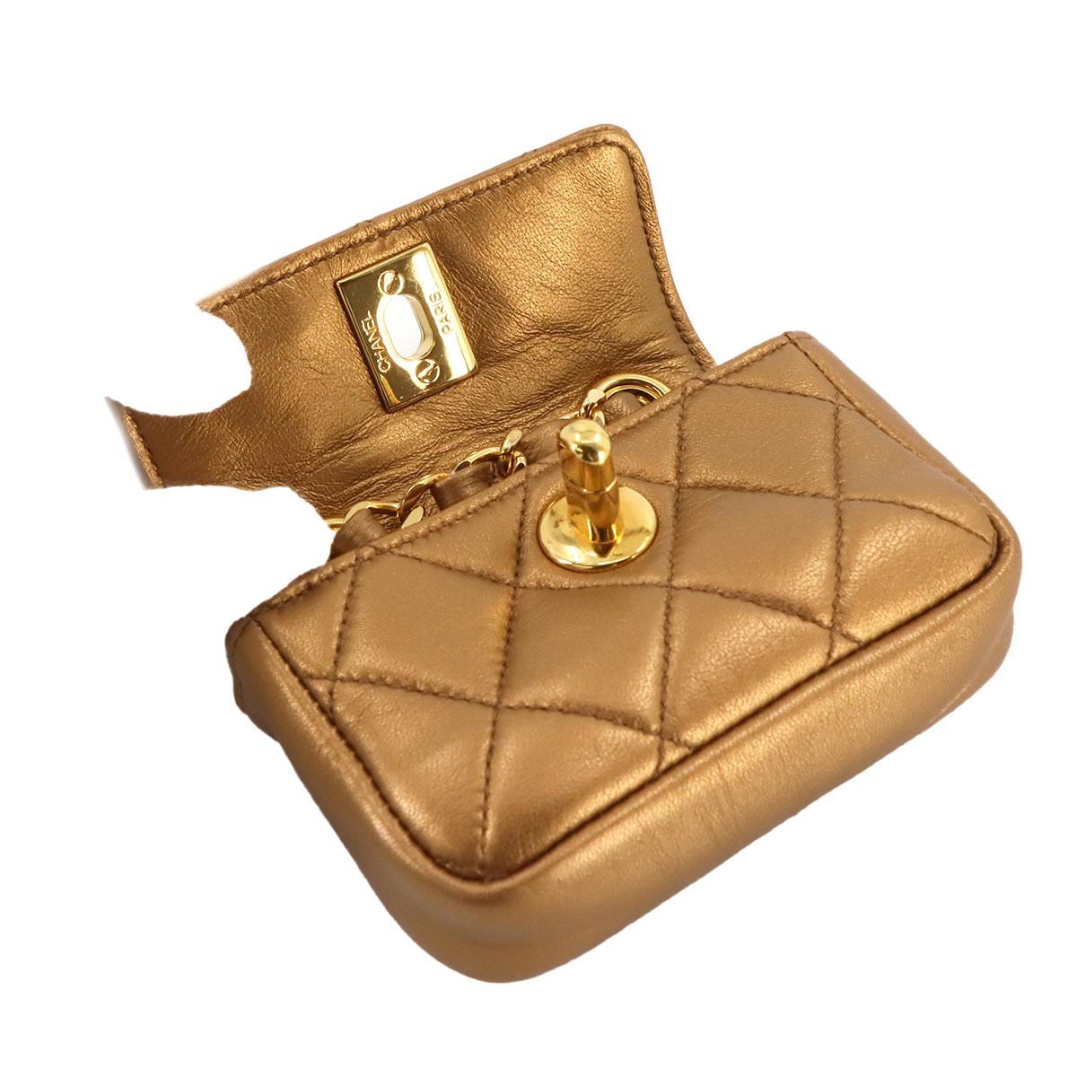 Matelasse Belt Bag Waist Pouch Leather Metallic Brown