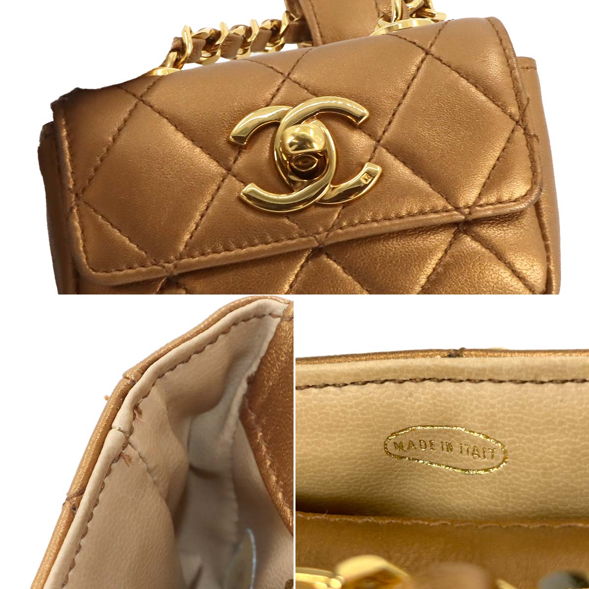 Matelasse Belt Bag Waist Pouch Leather Metallic Brown