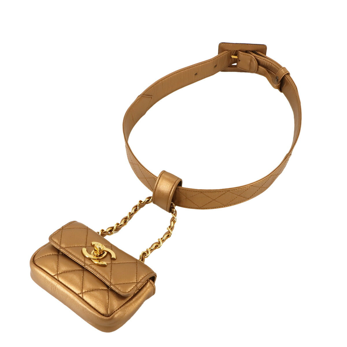 Matelasse Belt Bag Waist Pouch Leather Metallic Brown