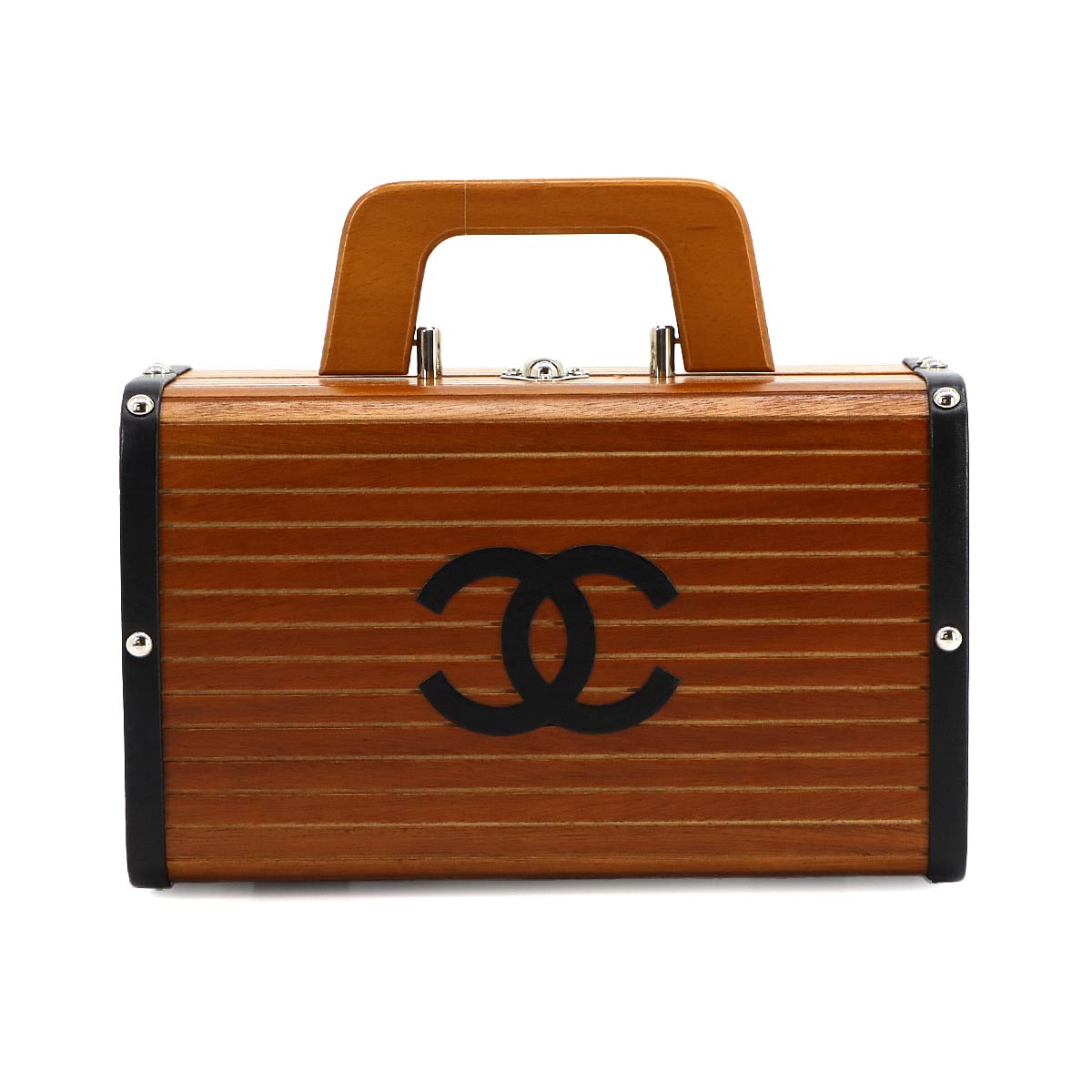 CHANEL Wood Vanity Hand Bag Leather Brown Black CC Purse