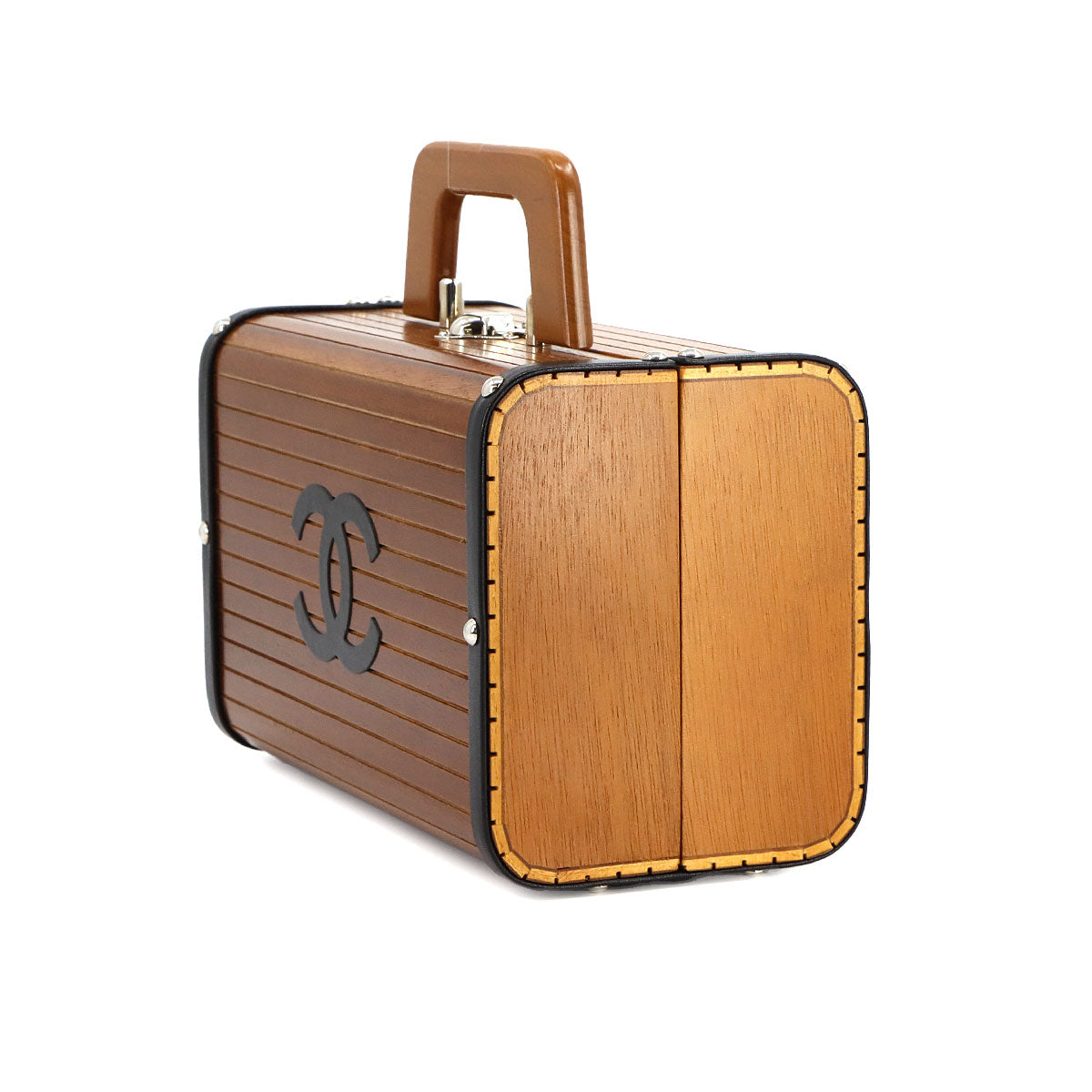 CHANEL Wood Vanity Hand Bag Leather Brown Black CC Purse