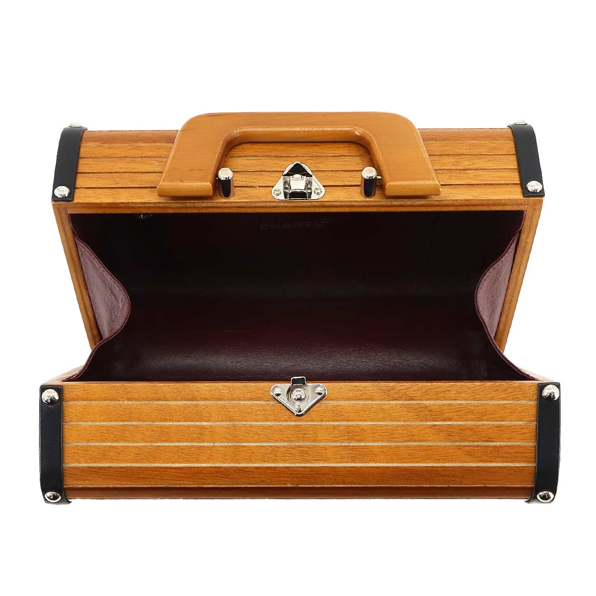 CHANEL Wood Vanity Hand Bag Leather Brown Black CC Purse