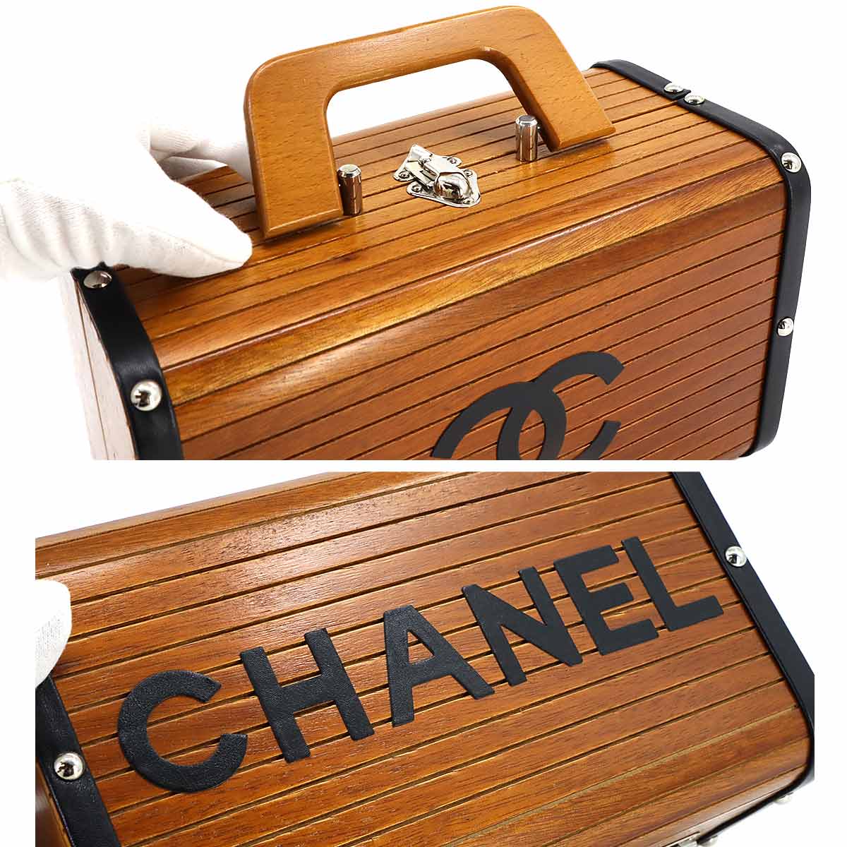 CHANEL Wood Vanity Hand Bag Leather Brown Black CC Purse