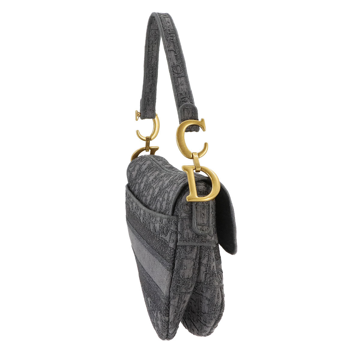 Oblique Saddle Shoulder Bag Canvas Gray Embroidery