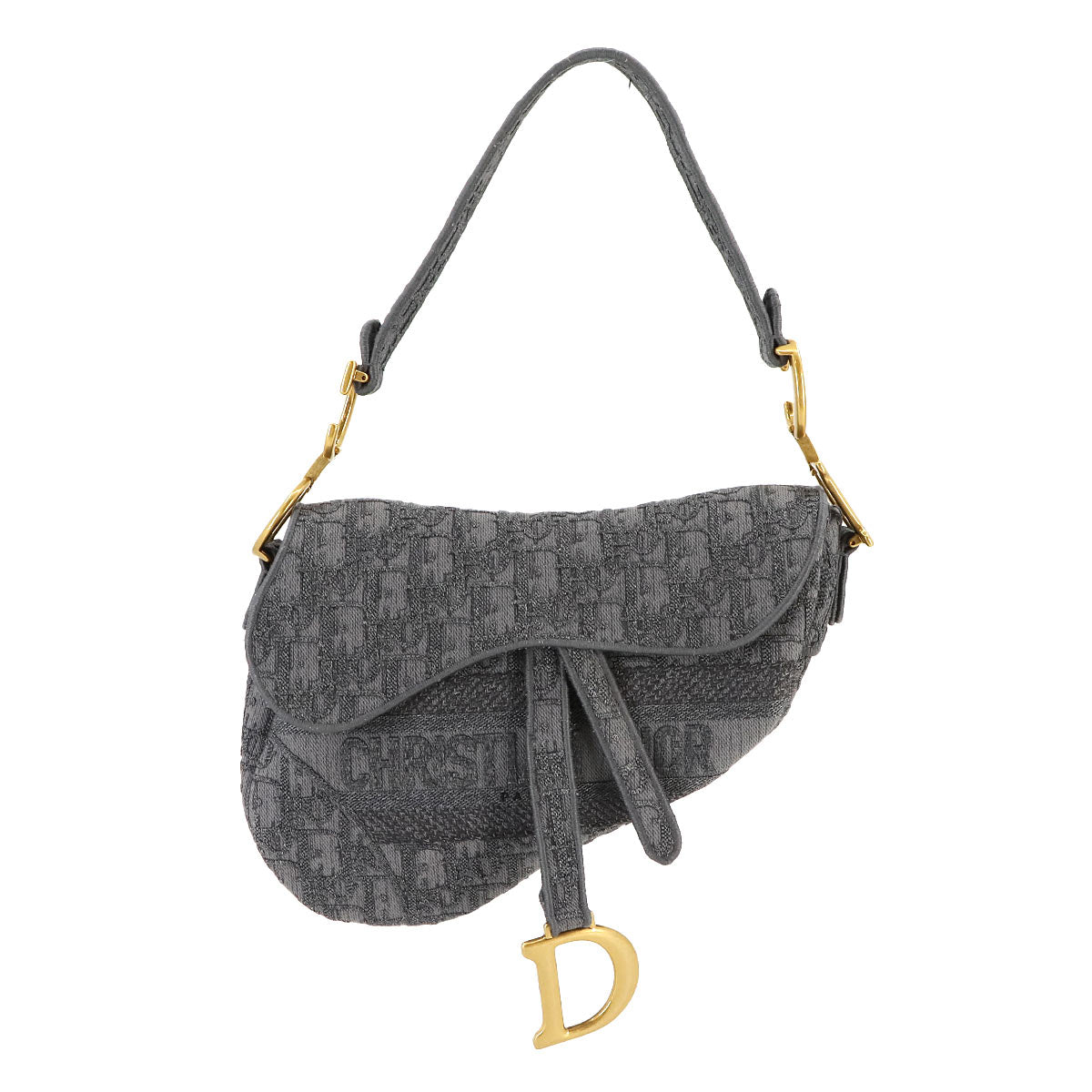 Oblique Saddle Shoulder Bag Canvas Gray Embroidery