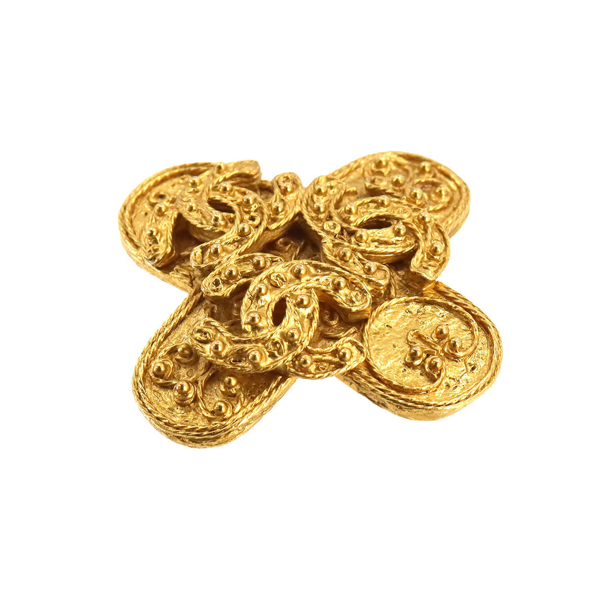 Triple Coco Logos Brooch Gold Accessory 94A Vintage