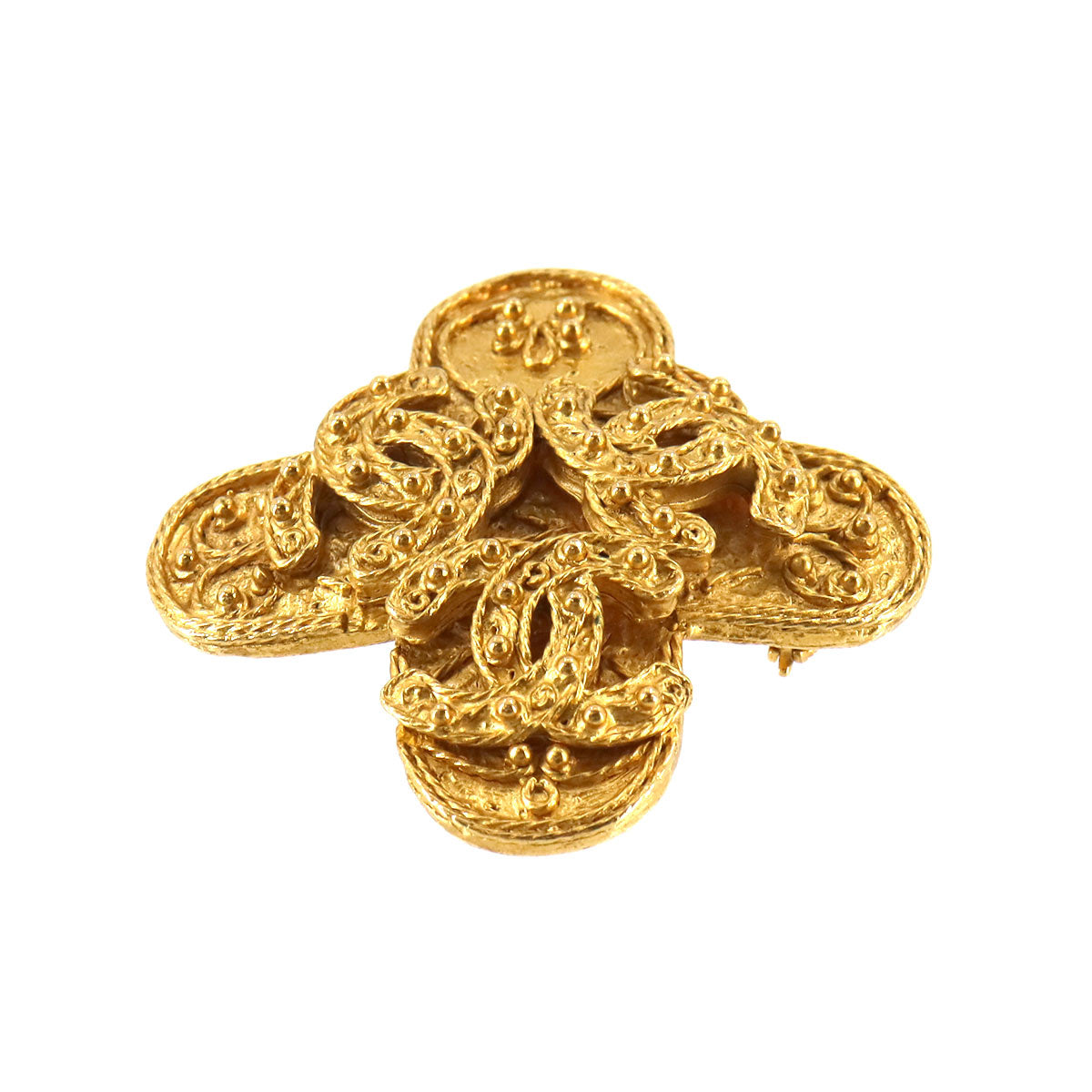 Triple Coco Logos Brooch Gold Accessory 94A Vintage