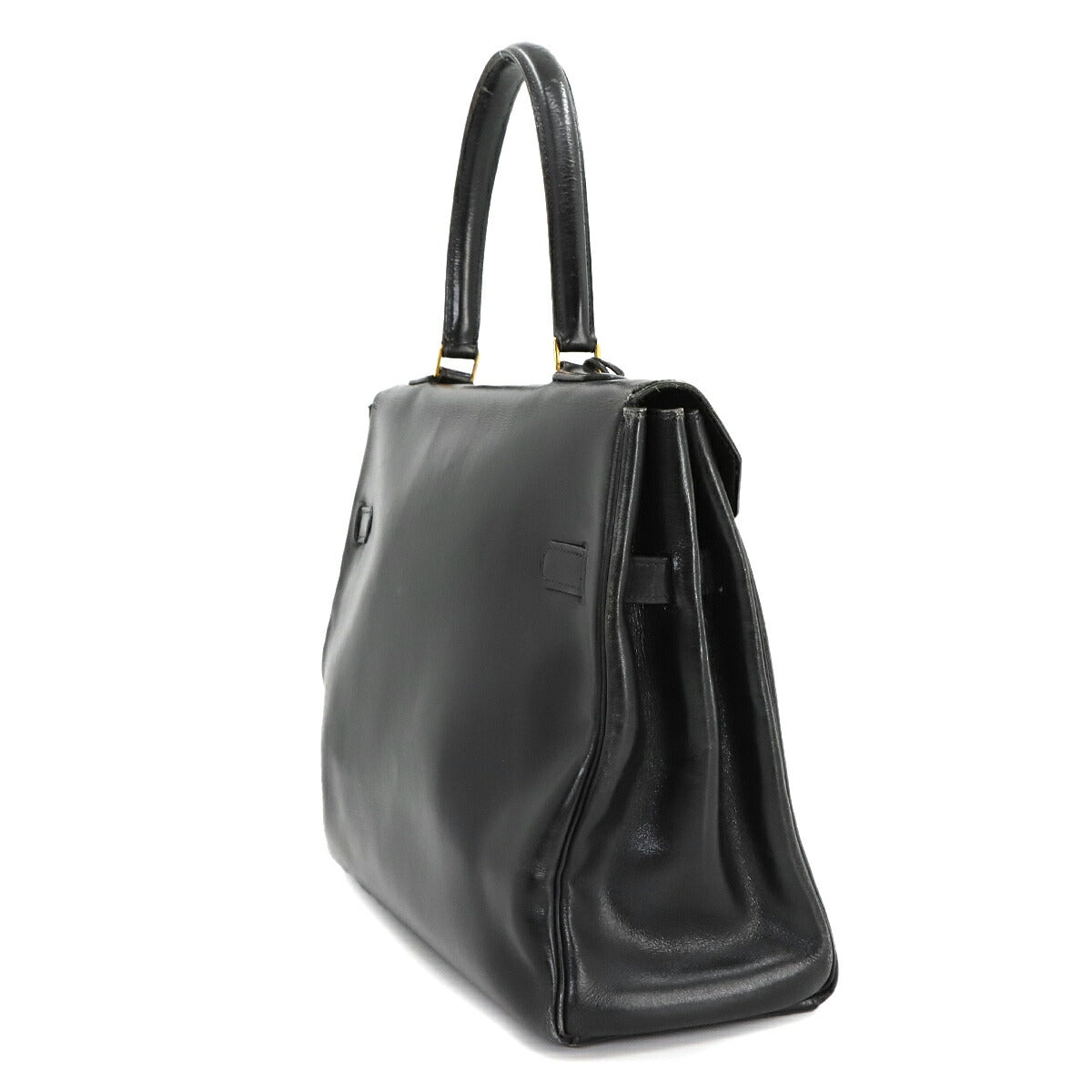 VINTAGE Kelly Monaco Hand Bag Box calf Black Sac a Courroies 90245232