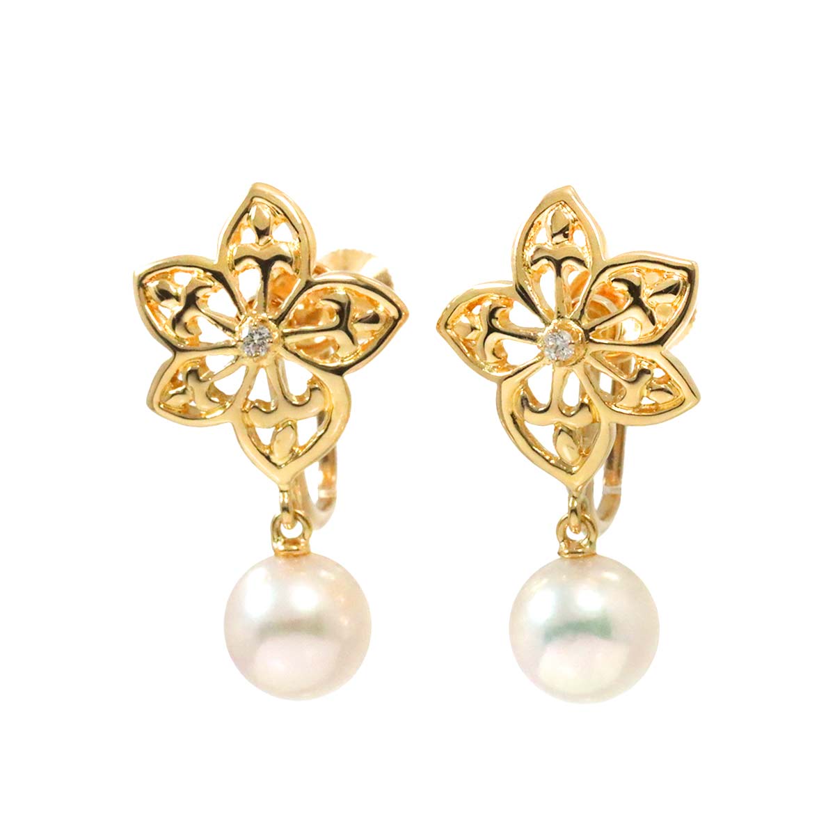 MIKIMOTO Akoya Pearl 7.5mm Diamond Earrings 18K YG 750