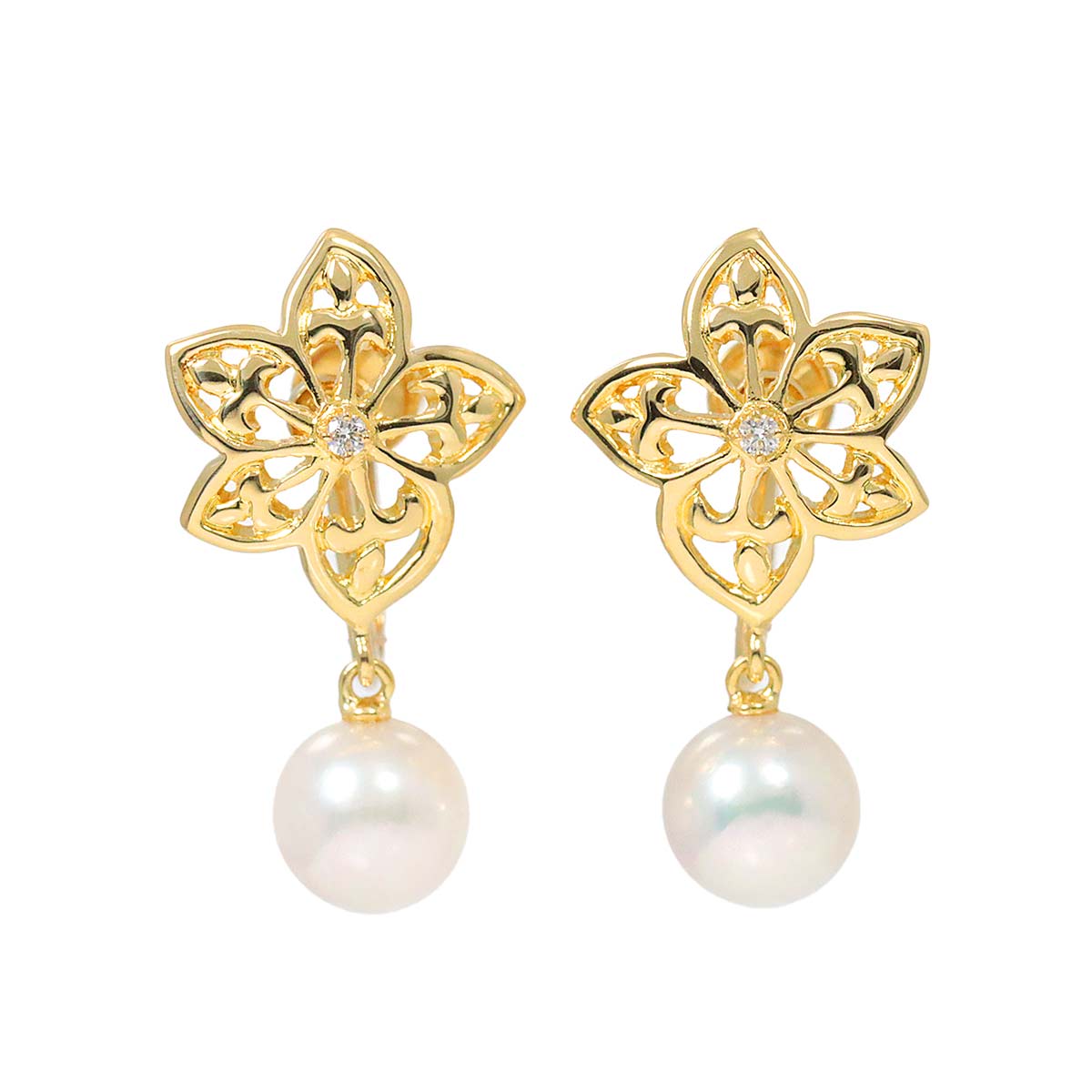 MIKIMOTO Akoya Pearl 7.5mm Diamond Earrings 18K YG 750