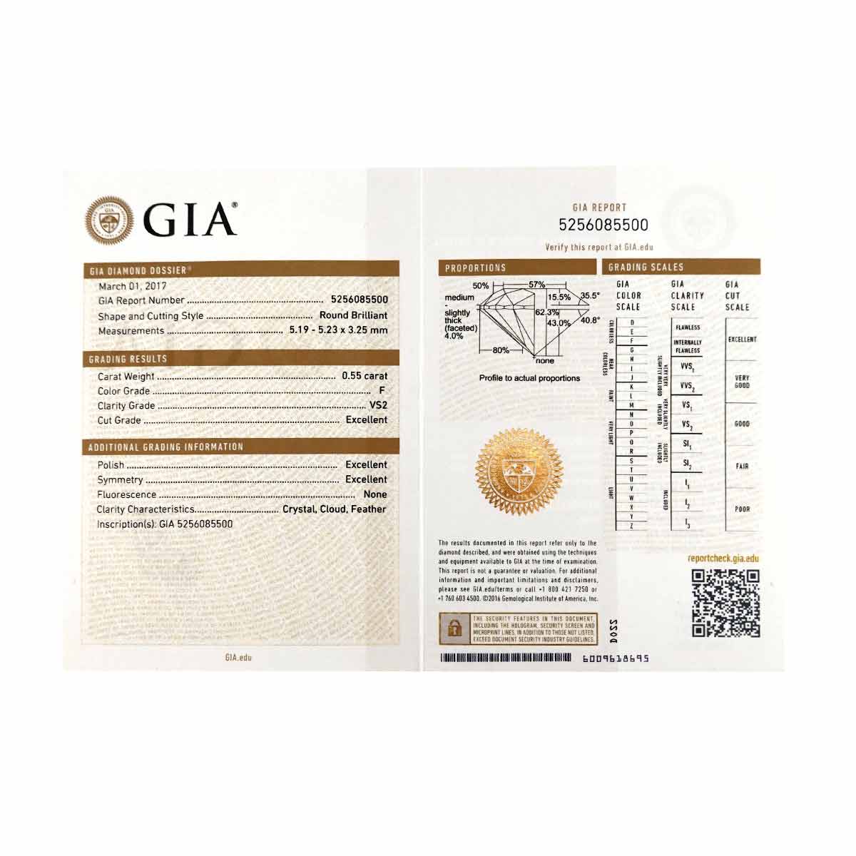 Solitaire Diamond 0.55ct F/VS2/3EX Ring Pt 4-4.5(US)