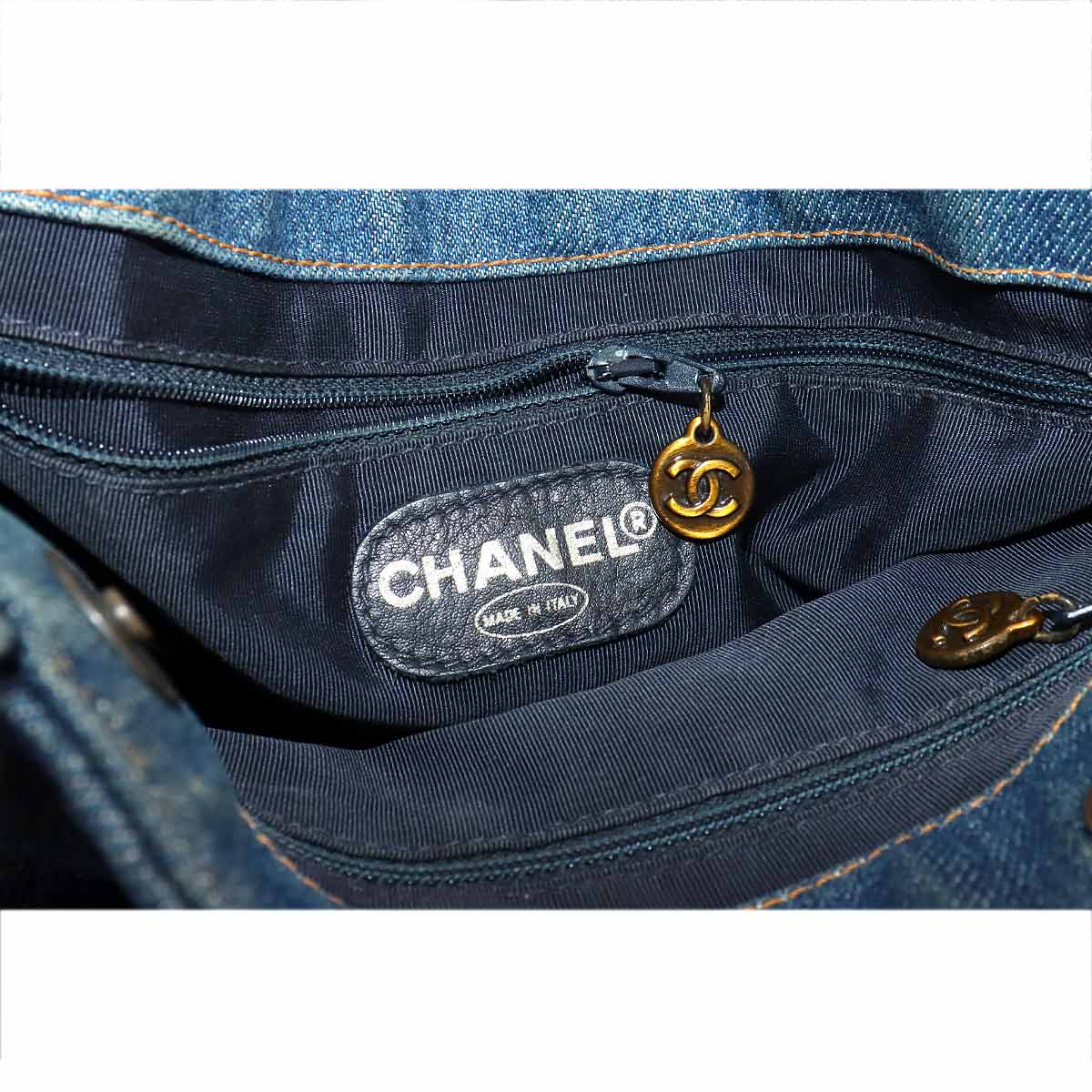 Plastic Chain Tote Bag Denim Blue Vintage Purse CC Coco Logos