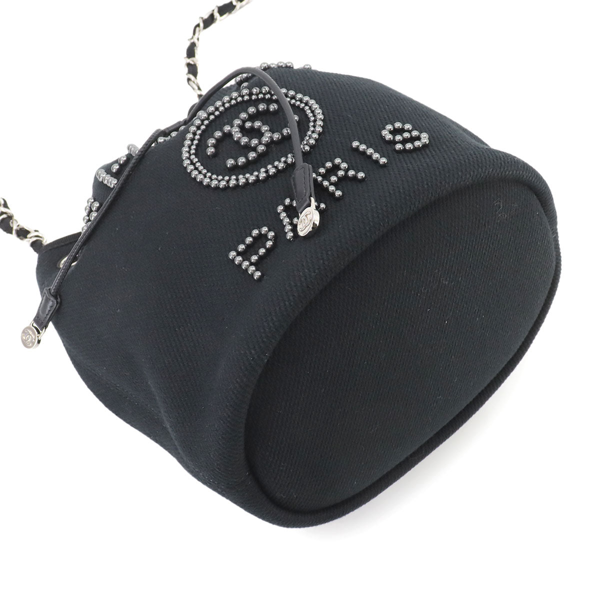 Deauville Drawstring Shoulder Bag Canvas Leather Black AS1045