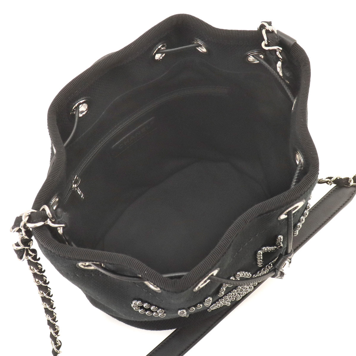 Deauville Drawstring Shoulder Bag Canvas Leather Black AS1045