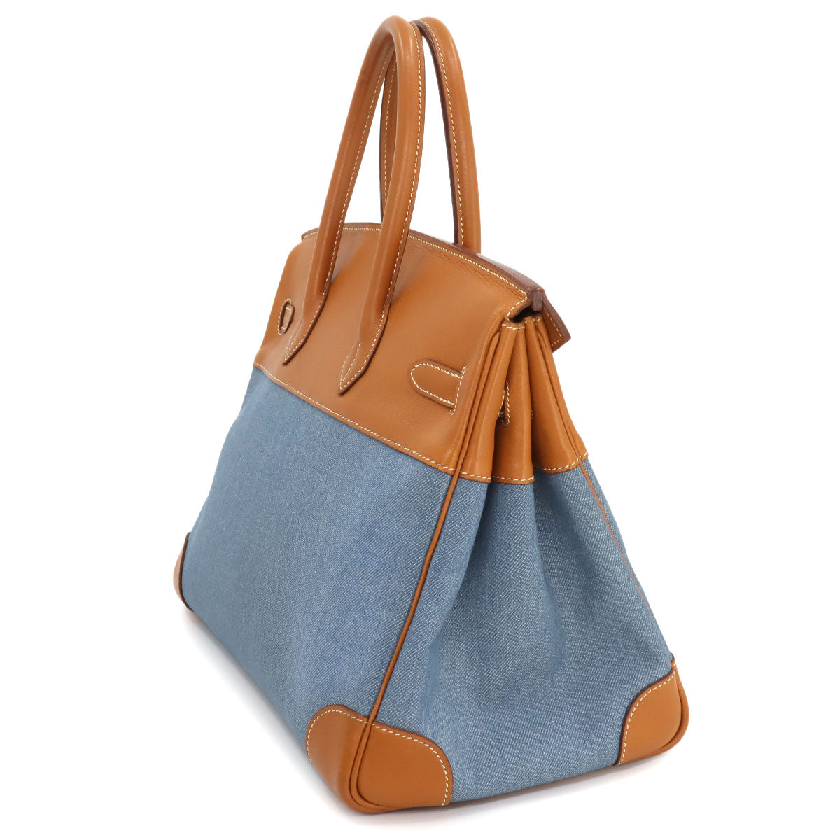 Birkin 35 Hand Bag Toile Jean Vache Leather Blue Brown 90258270