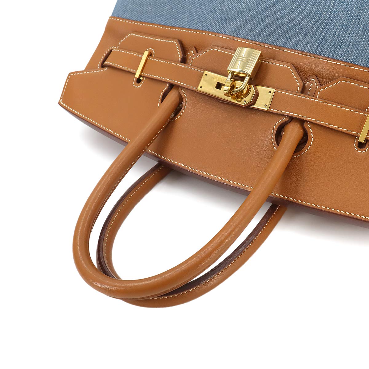 Birkin 35 Hand Bag Toile Jean Vache Leather Blue Brown 90258270