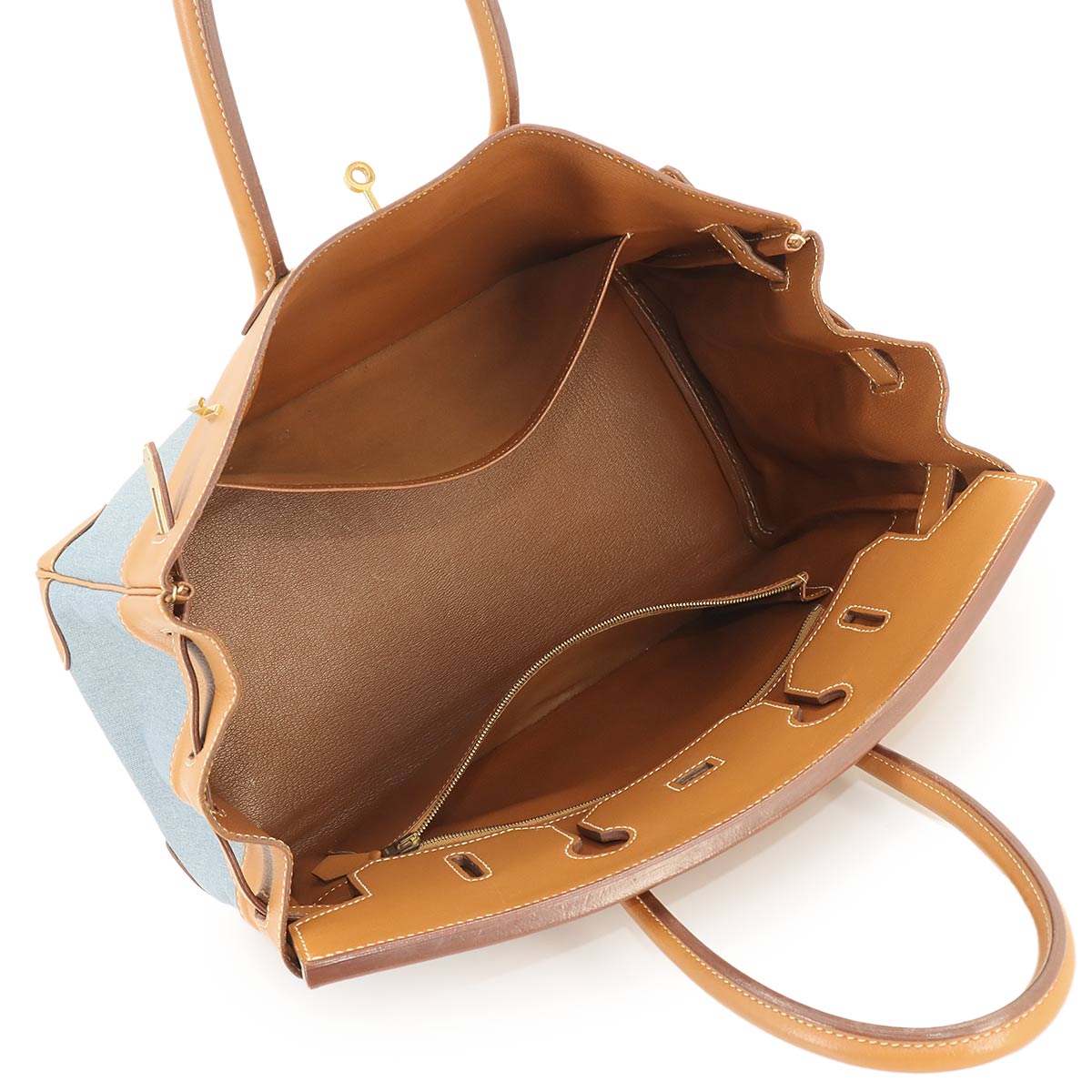 Birkin 35 Hand Bag Toile Jean Vache Leather Blue Brown 90258270