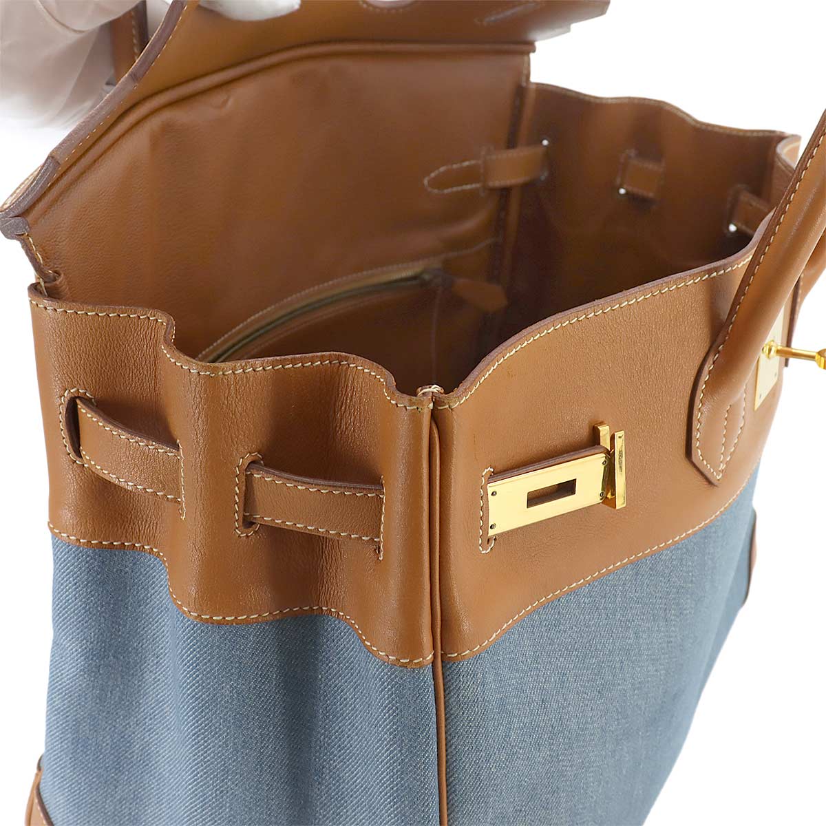 Birkin 35 Hand Bag Toile Jean Vache Leather Blue Brown 90258270