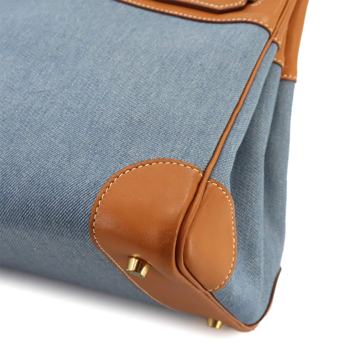 Birkin 35 Hand Bag Toile Jean Vache Leather Blue Brown 90258270