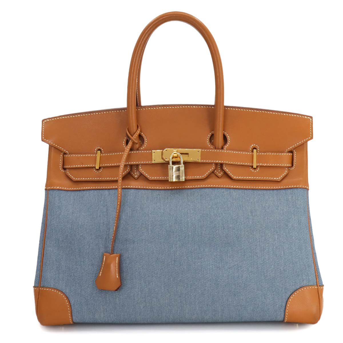 Birkin 35 Hand Bag Toile Jean Vache Leather Blue Brown 90258270