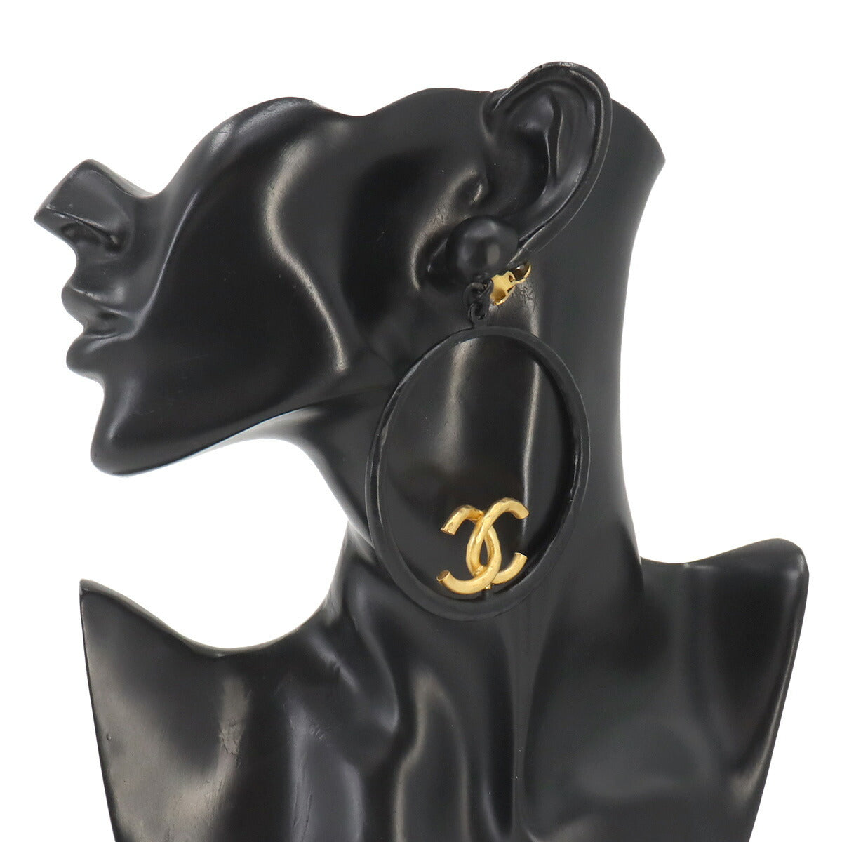 Swing Hoop Earrings Coco Perfume Motif Black Gold Vintage 94C