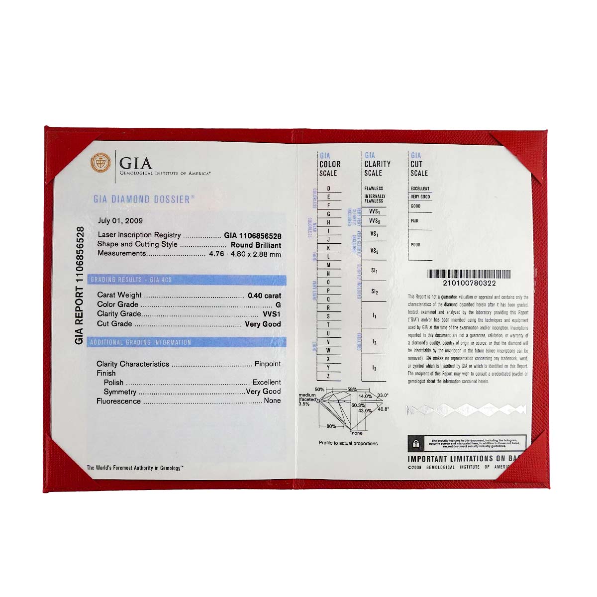 Diamond 0.40ct G/VVS1/VG Ring Pt Size48 4.5(US)