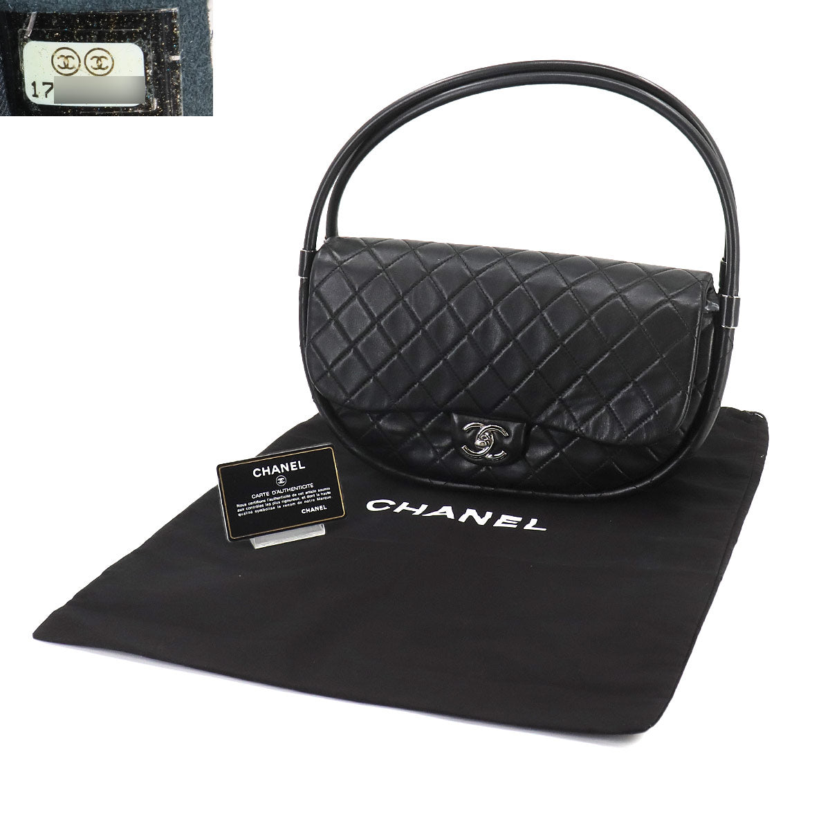 Matelasse Hula Hoop Hand Bag Leather Black Purse