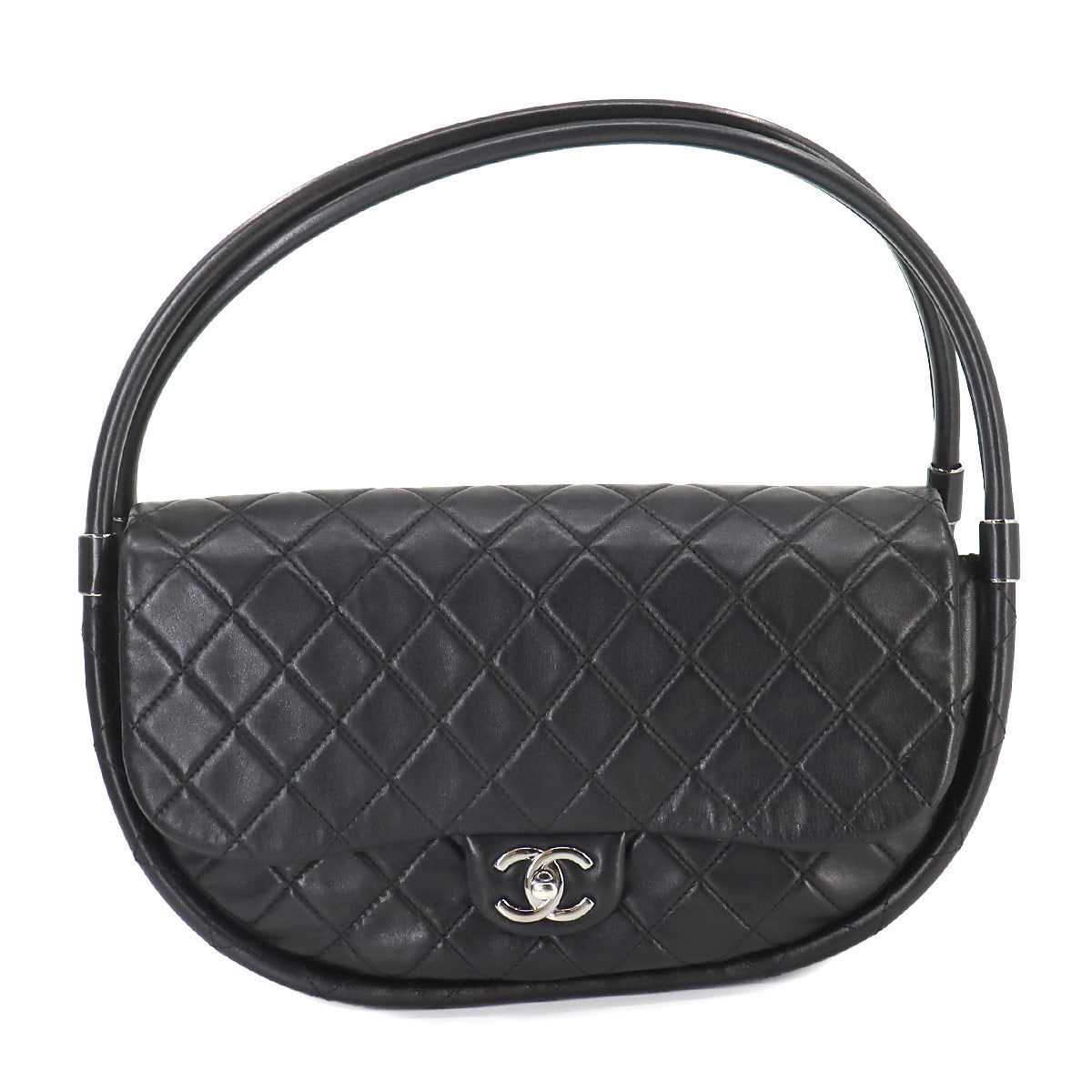 Matelasse Hula Hoop Hand Bag Leather Black Purse