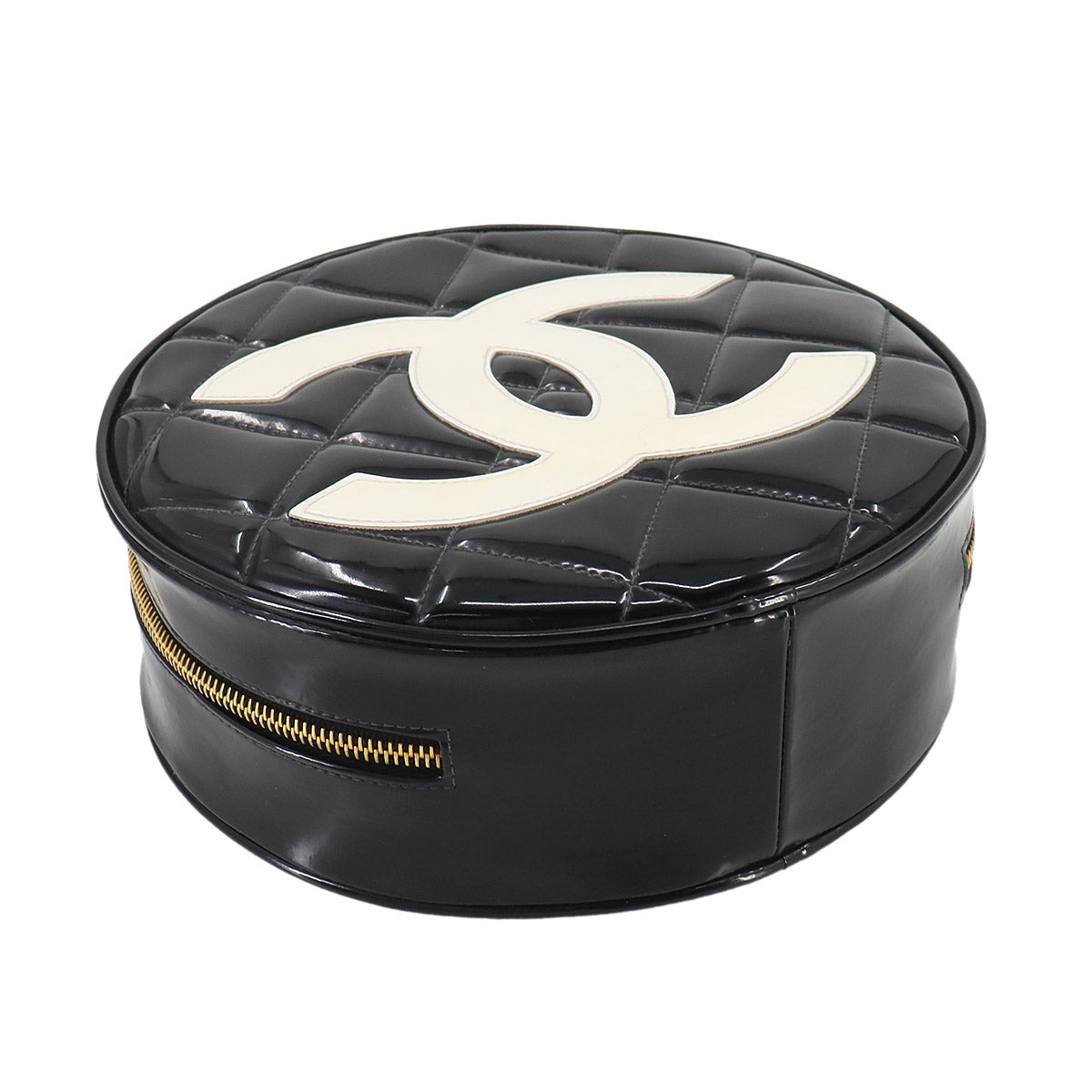 Matelasse Round Vanity Hand Bag Enamel Black White Vintage