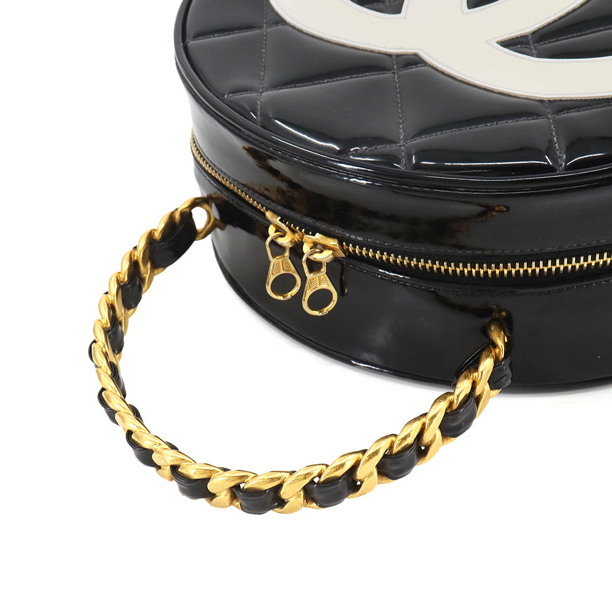 Matelasse Round Vanity Hand Bag Enamel Black White Vintage