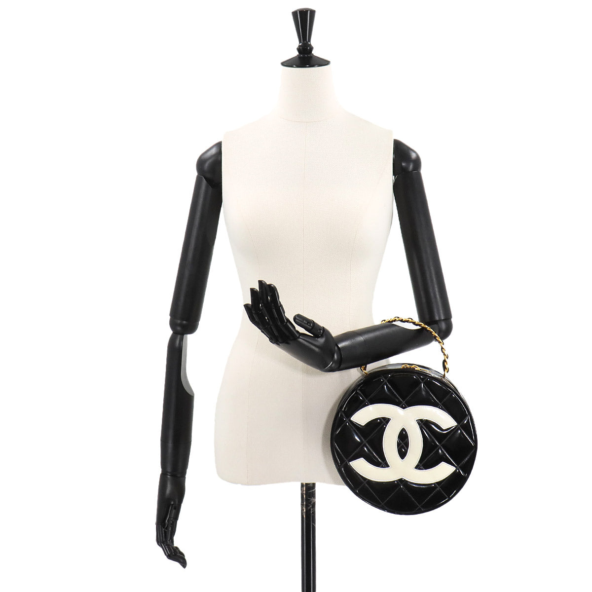 Matelasse Round Vanity Hand Bag Enamel Black White Vintage