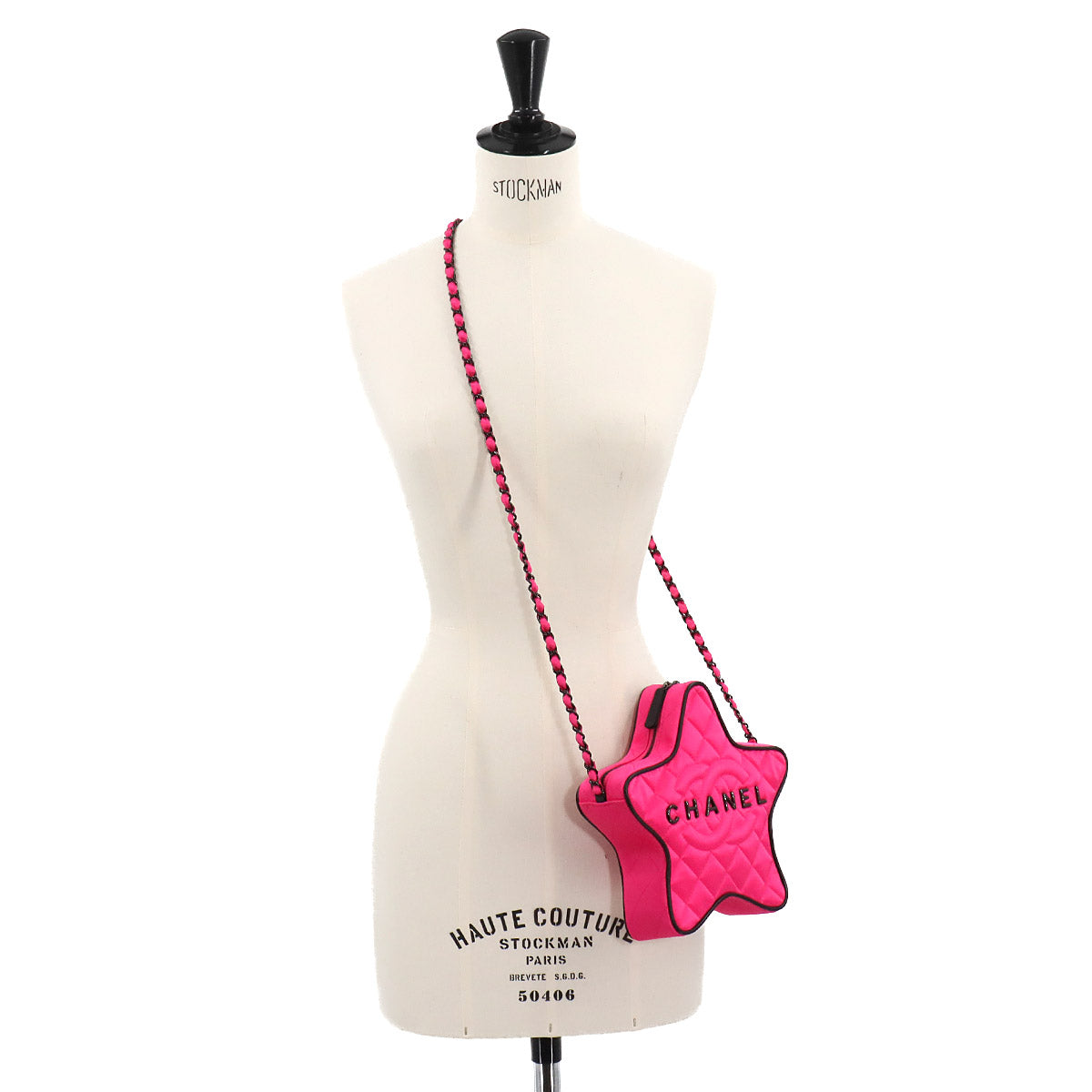 Matelasse Star Chain Shoulder Bag Satin Fuchsia Black AS4579