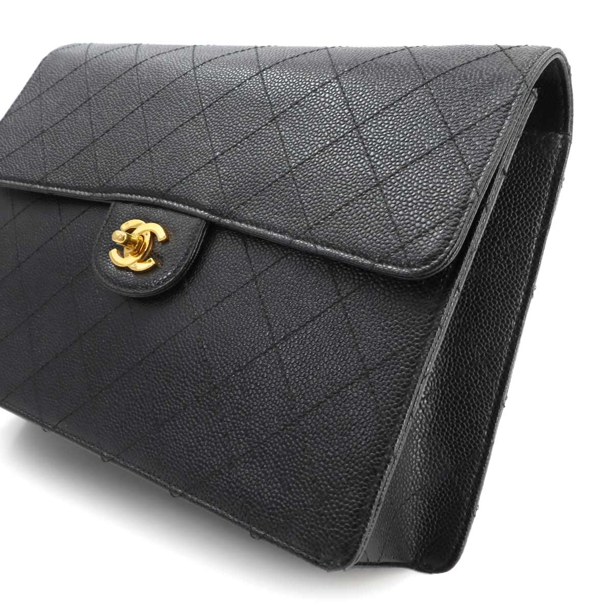 Matelasse Chain Shoulder Bag Caviar Skin Leather Black Purse