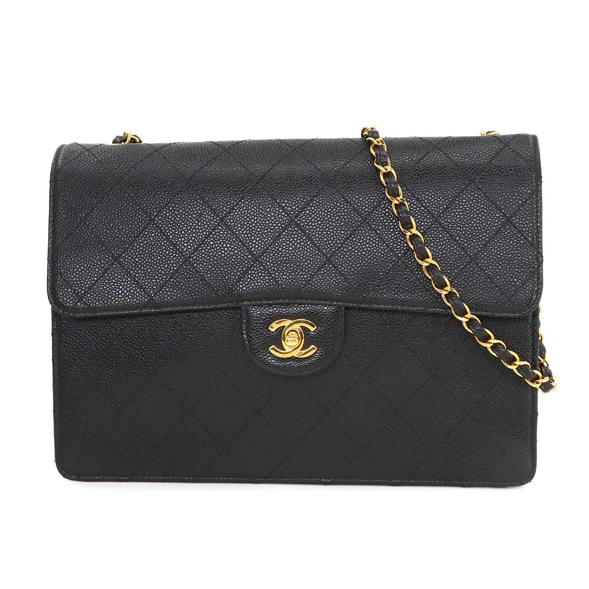 Matelasse Chain Shoulder Bag Caviar Skin Leather Black Purse
