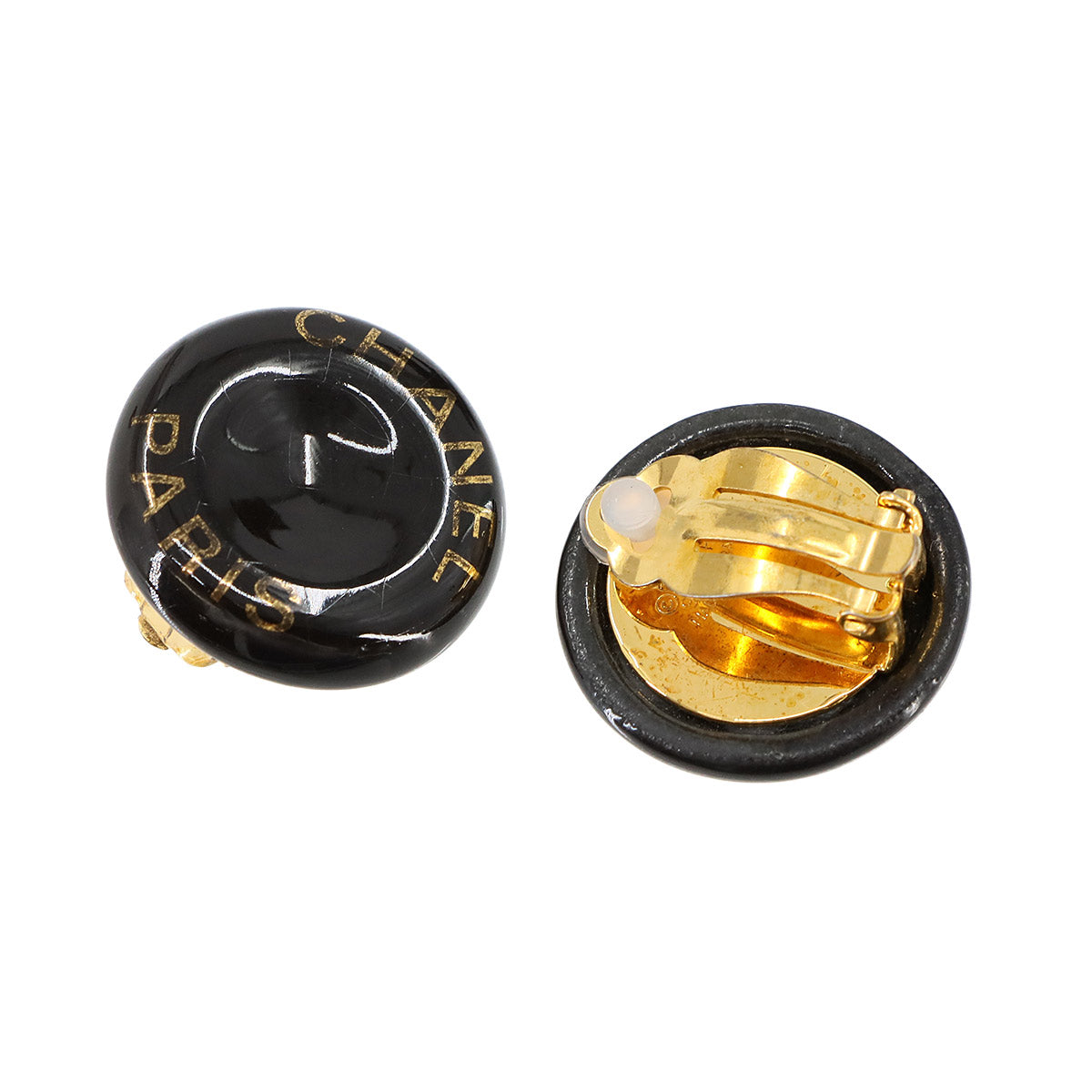 Round type Coco Logos Earrings Black Gold 95A Vintage Accessory