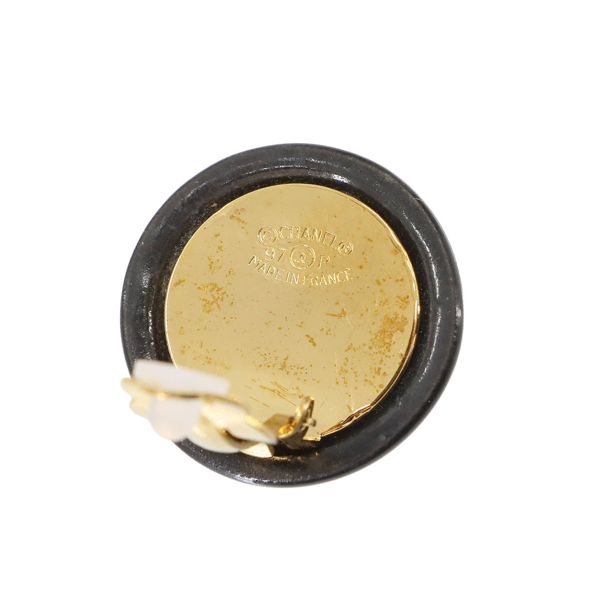 Round type Coco Logos Earrings Black Gold 95A Vintage Accessory