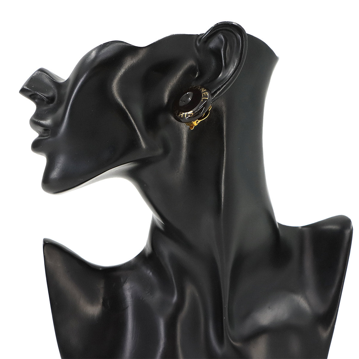 Round type Coco Logos Earrings Black Gold 95A Vintage Accessory