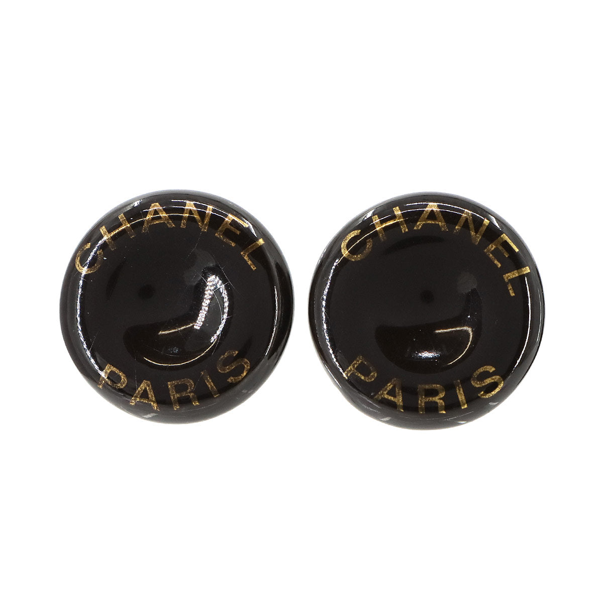 Round type Coco Logos Earrings Black Gold 95A Vintage Accessory