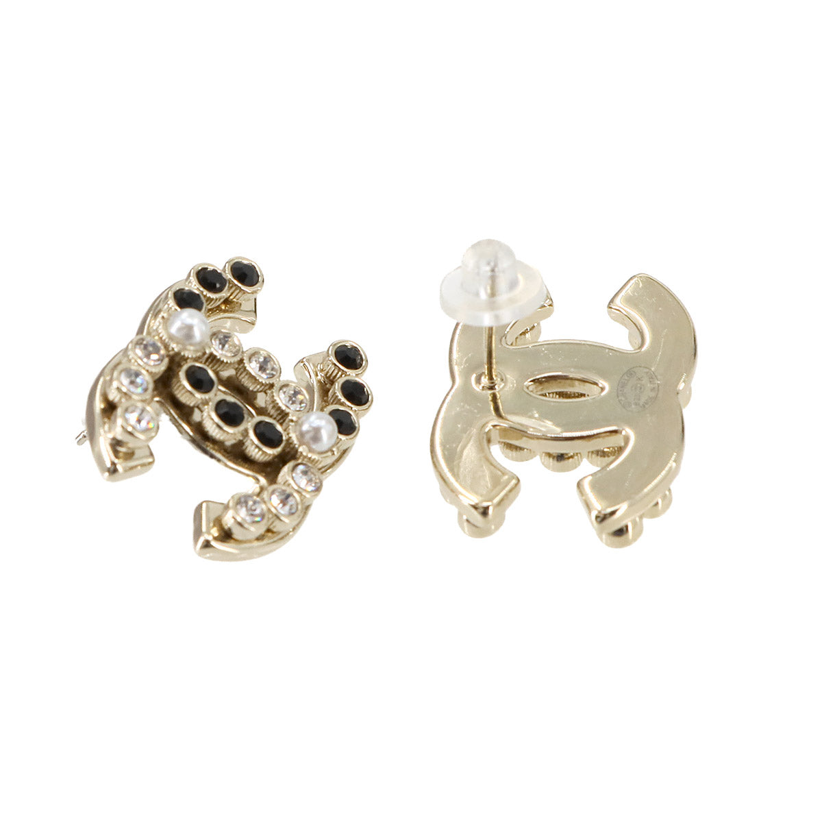 Coco Logos Earrings Rhinestone Pearl motif Gold Black B23K