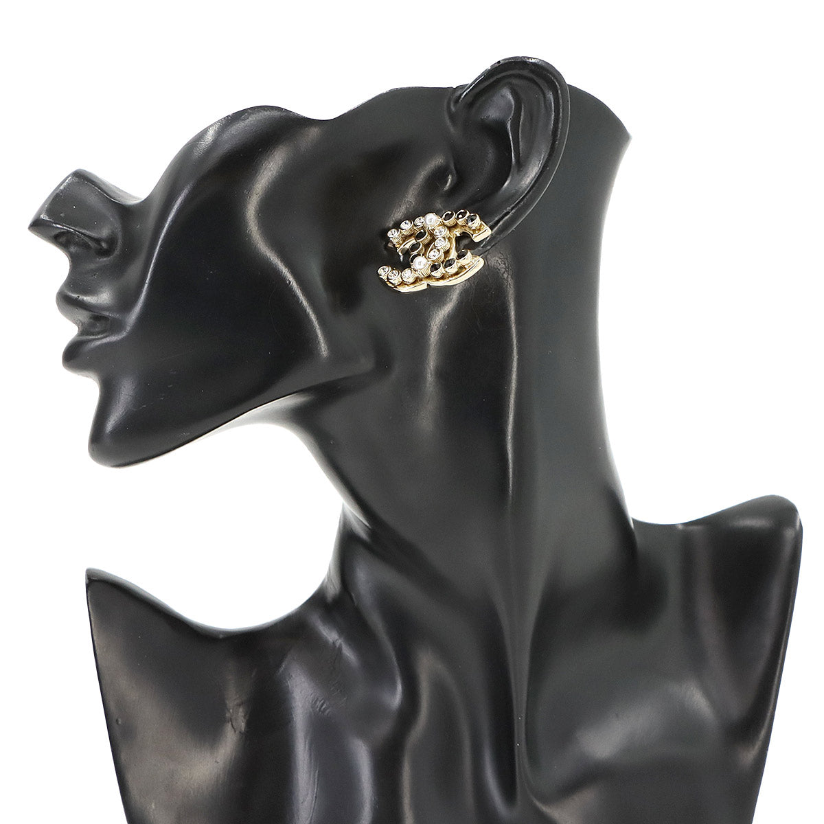 Coco Logos Earrings Rhinestone Pearl motif Gold Black B23K